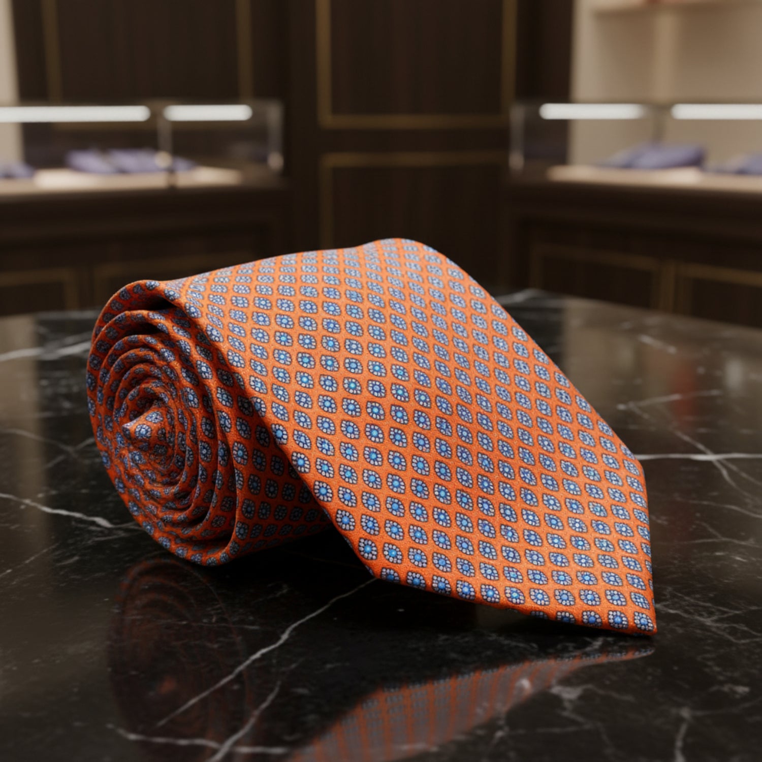 A Necktie that is sunfire coral with a small medallion pattern View 3