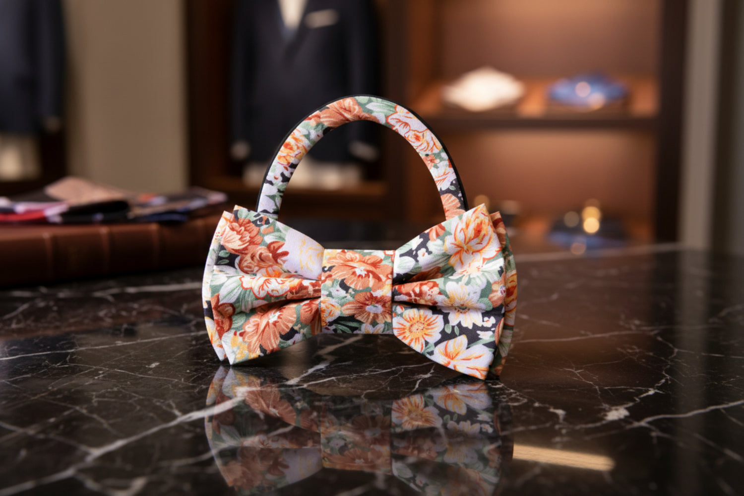 Orange, White, Green Flowers Bow Tie Pre Tied