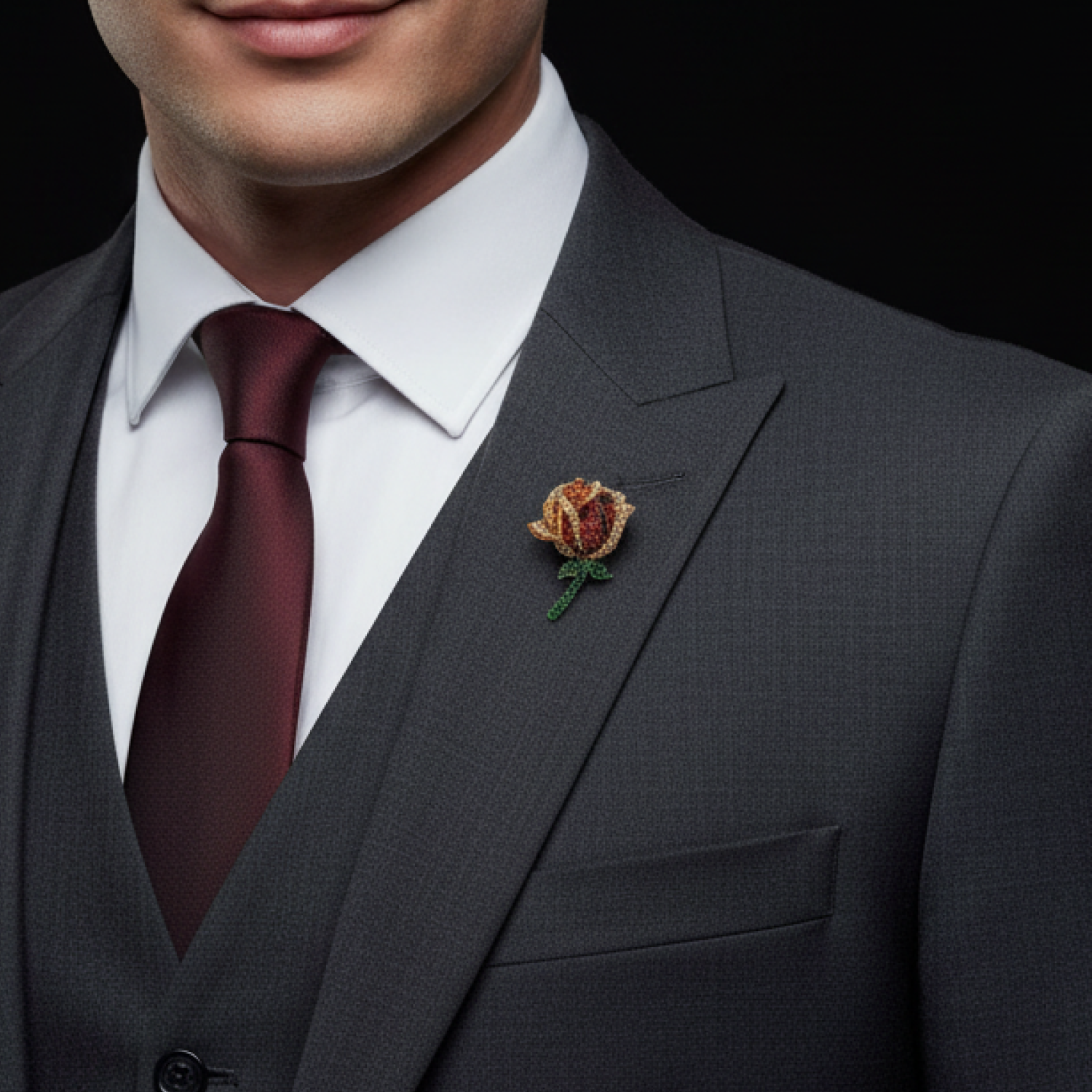Man wearing a gray suit with a red tie and orange floral boutonniere on a black background