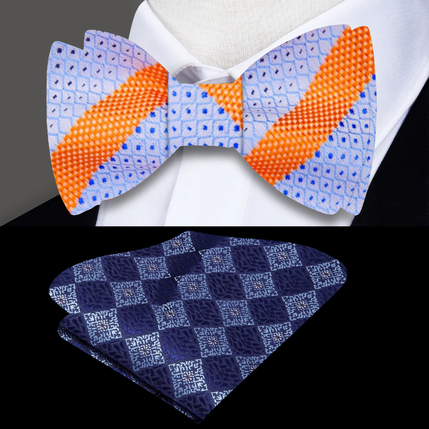 Light Blue and Orange Stripe Bow Tie and Blue Geometric Square