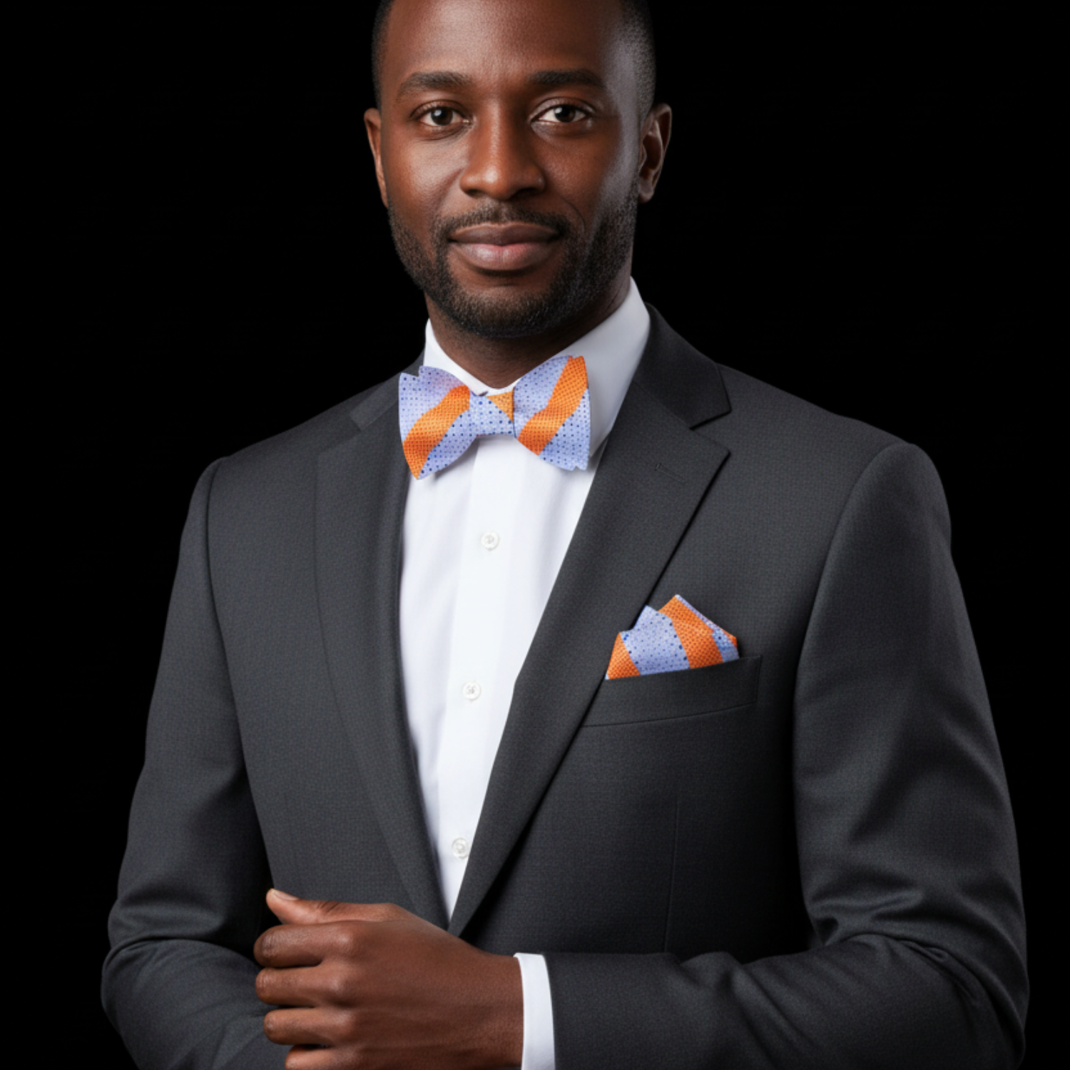 Light Blue and Orange Stripe Bow Tie and Matching Square