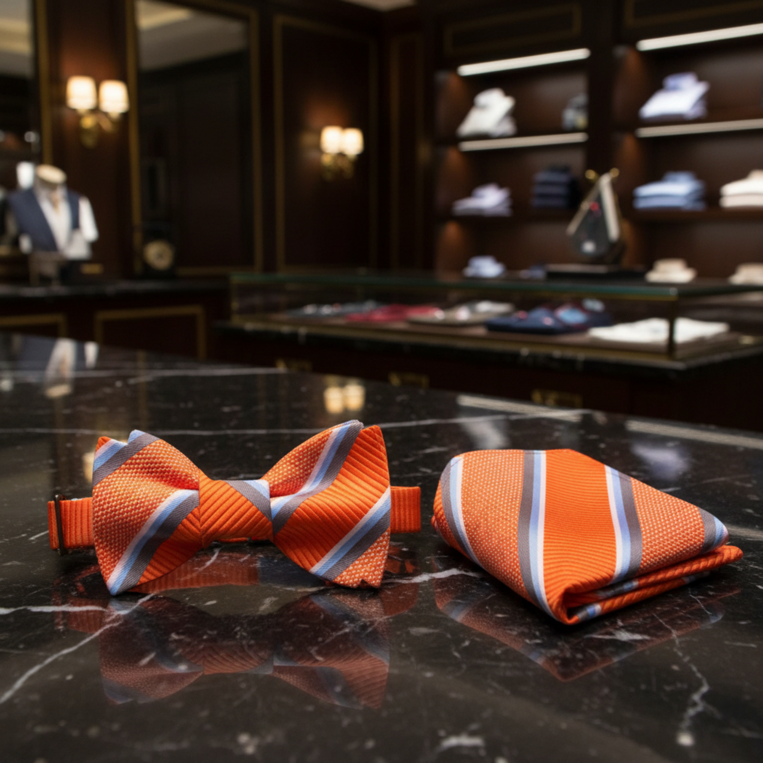 Orange, Grey and White Stripe Bow Tie and Pocket Square