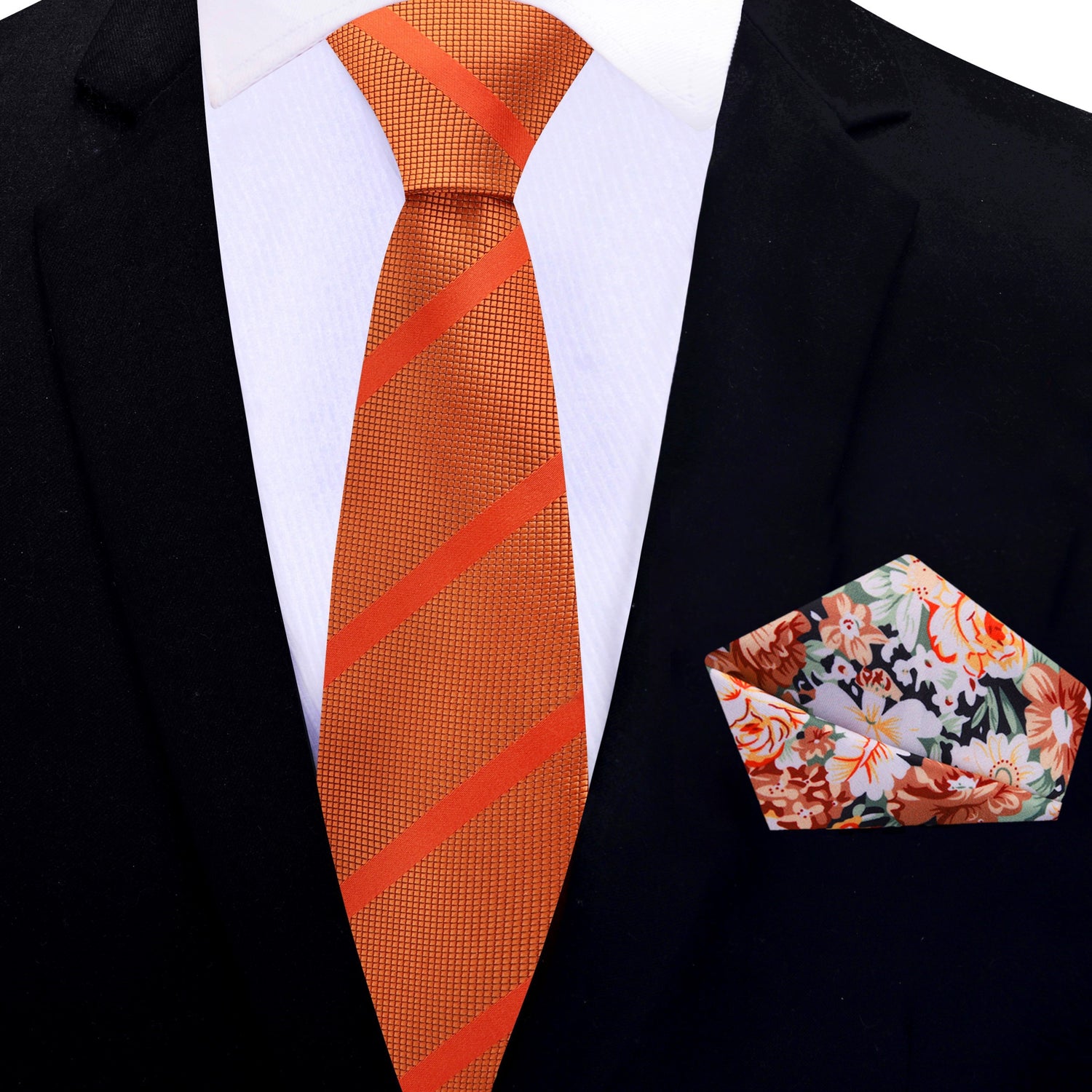 Thin Tie Pumpkin Orange Stripe Necktie and Accenting Floral Pocket Square