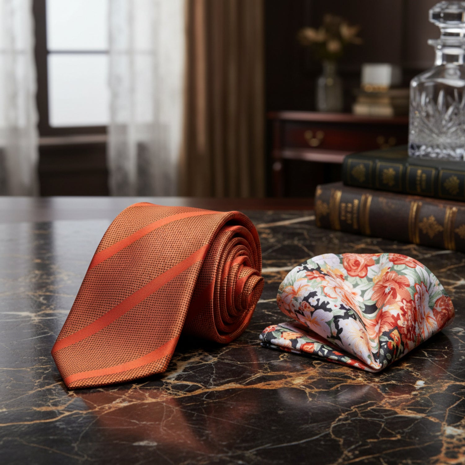 Floral pocket square and orange striped tie on a white background