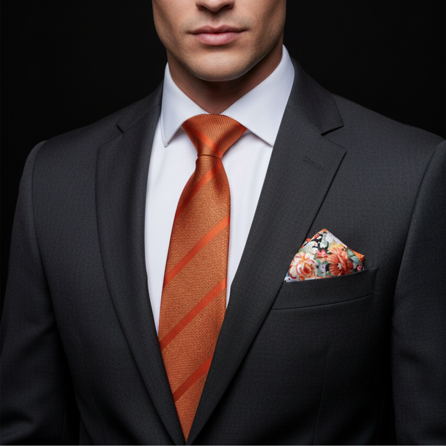 Man wearing a black suit with an orange striped tie and floral pocket square on a dark background