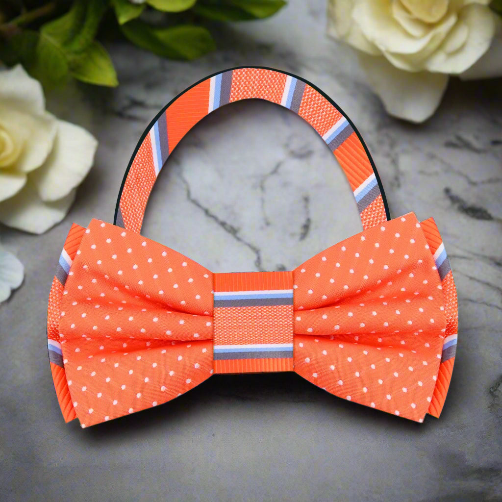 Orange, White, Grey Dots, Stripes Double Sided Bow Tie Pre Tied