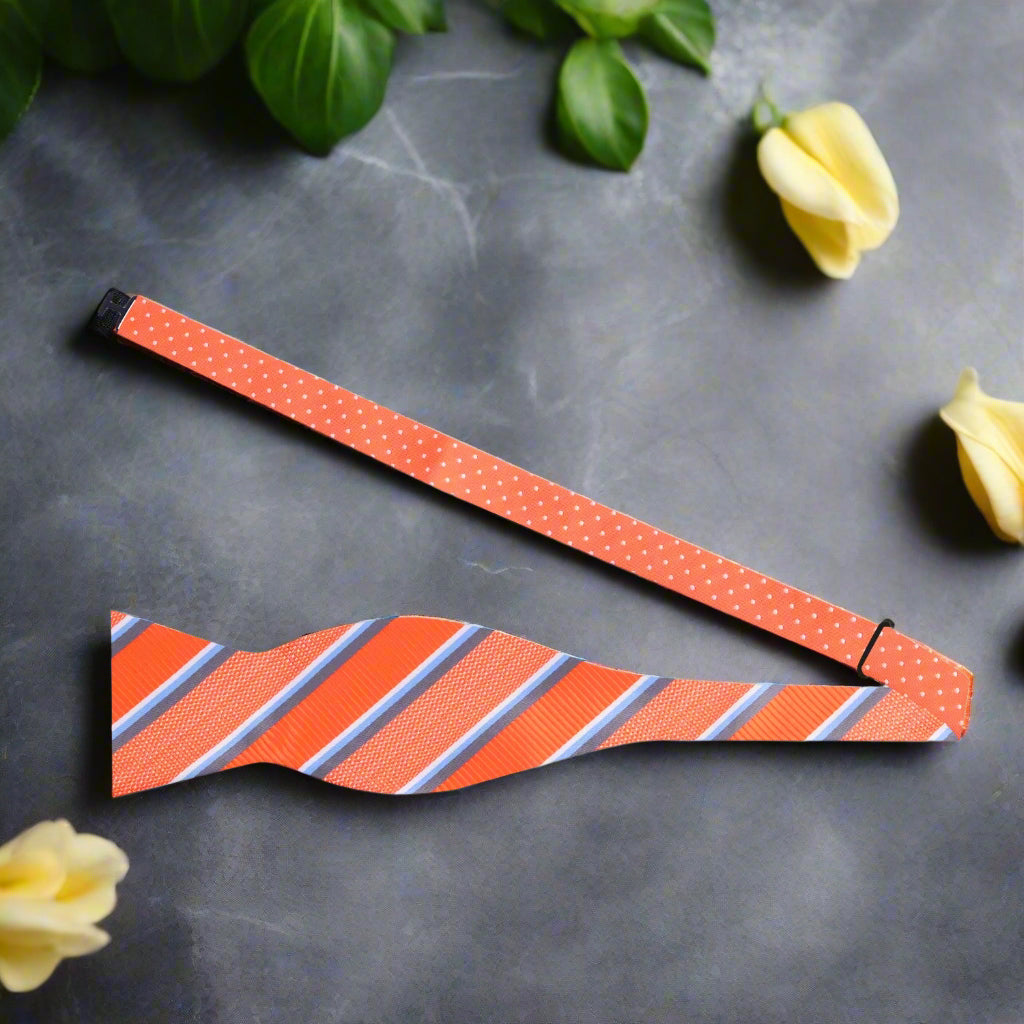 Orange, White, Grey Dots, Stripes Double Sided Bow Tie Self Tie