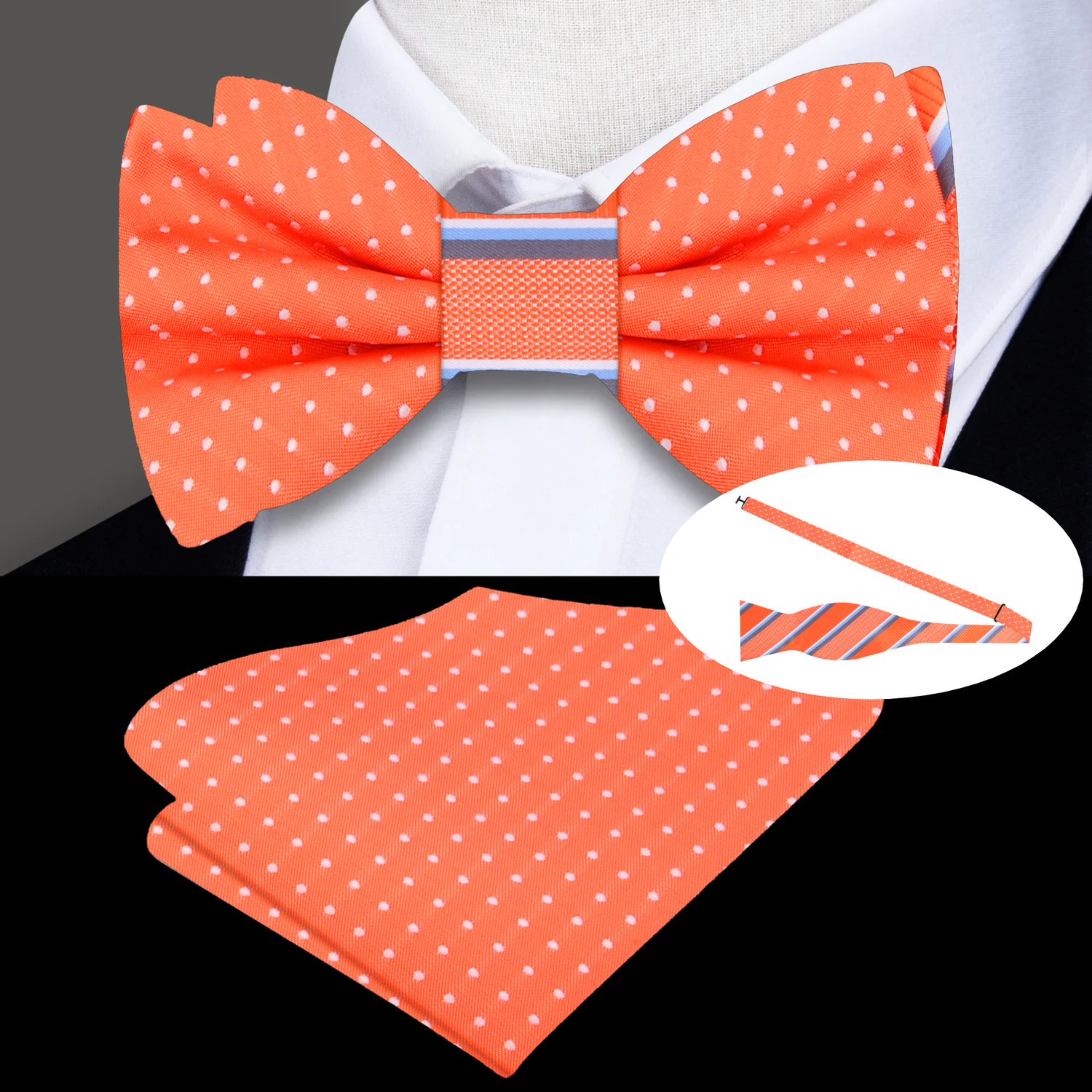 Orange, White, Grey Dots, Stripes Double Sided Bow Tie and Square