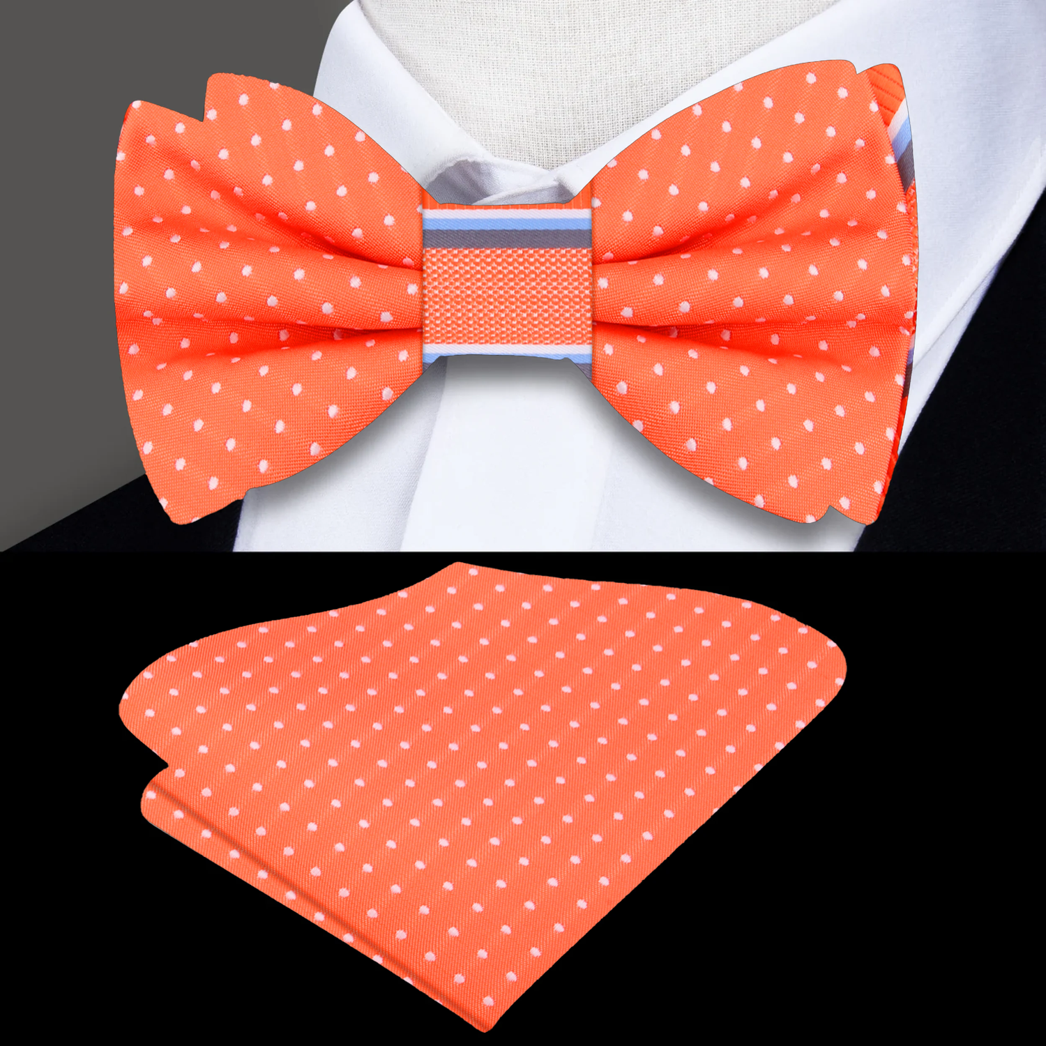 View 3: Orange, White, Grey Dots, Stripes Double Sided Bow Tie and Square