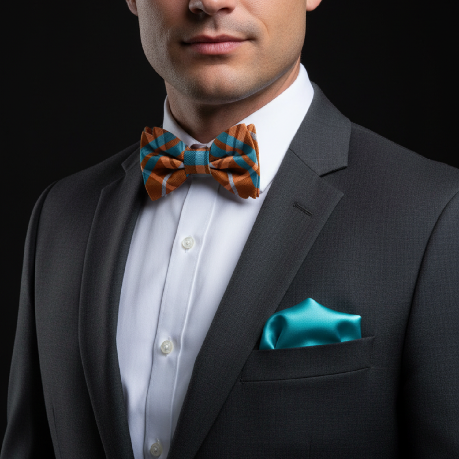Orange and Aqua Plaid Bow Tie and Aqua square on man