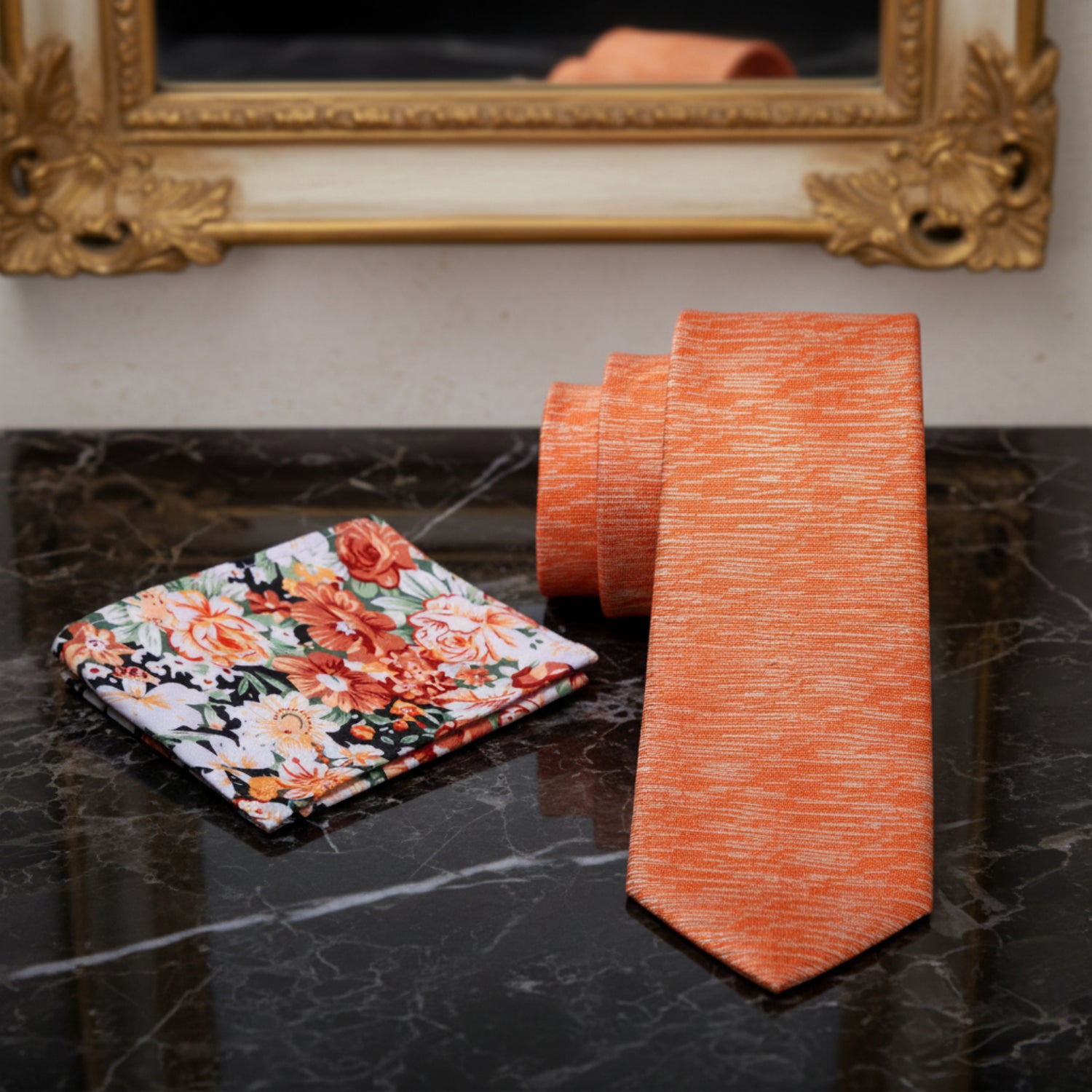 Alt View: Orange Necktie with Orange Floral Square