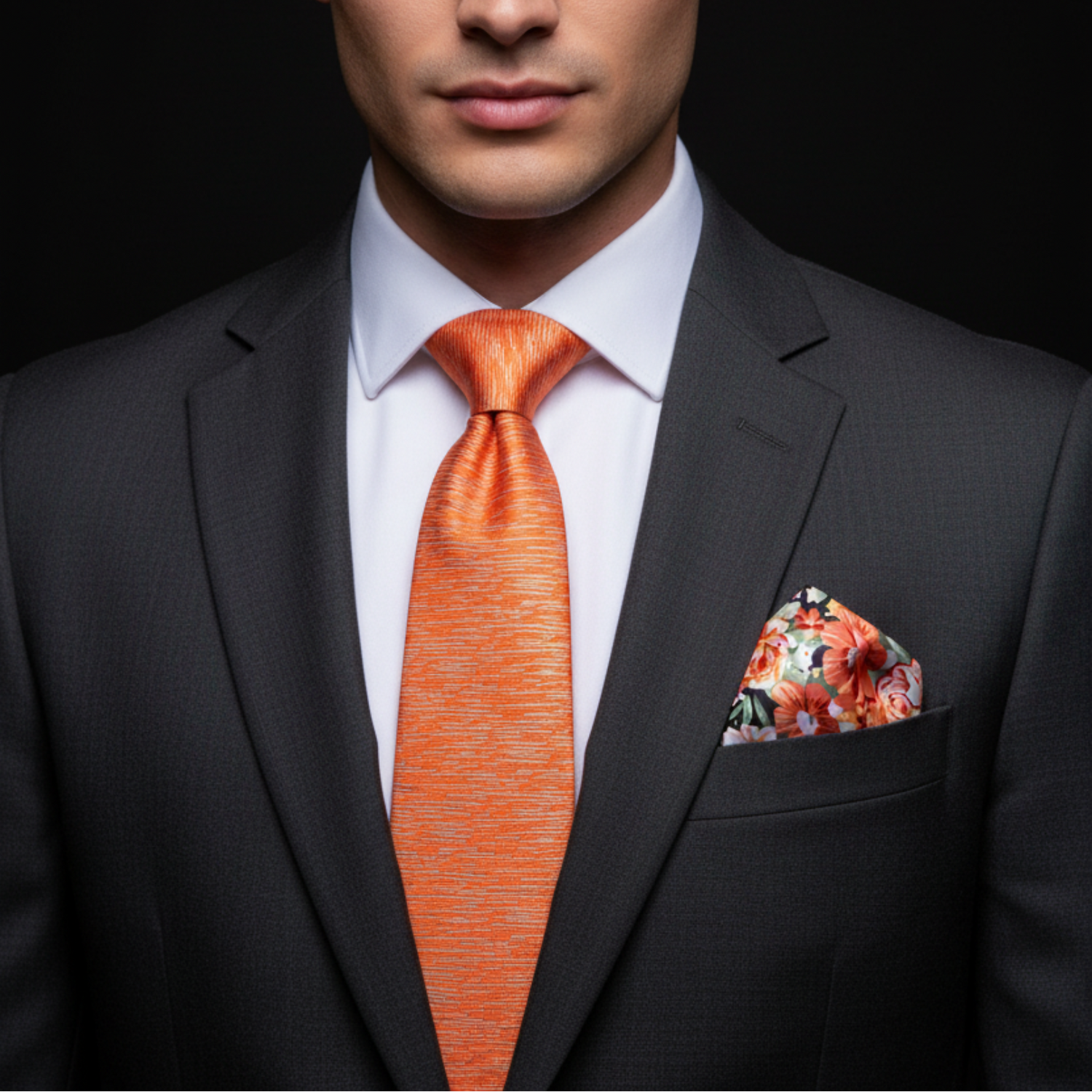 Man wearing a black suit with an orange tie and floral pocket square on a dark background
