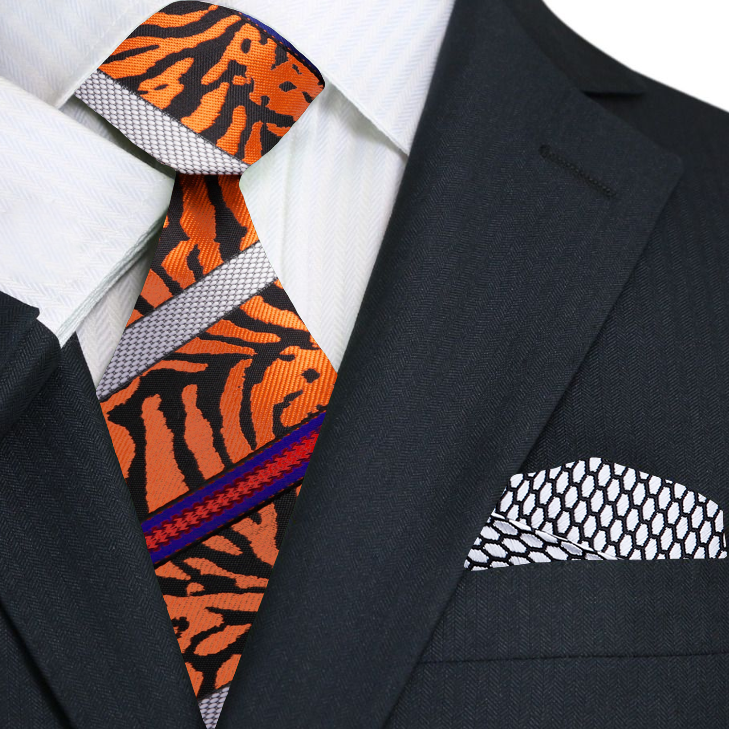 Premium Orange, Black, Red Tiger Stripe Tie and Accenting Pocket Square