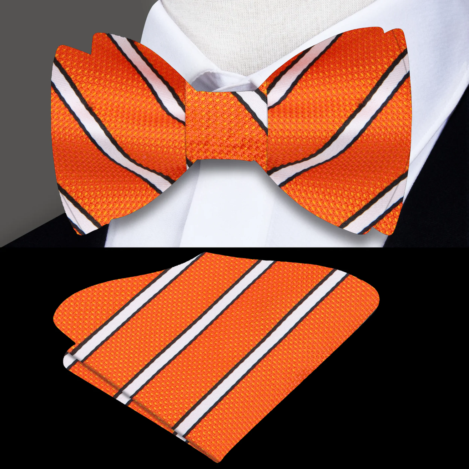Orange, Black, White Stripe Pattern Silk Self Tie Bow Tie, Matching Pocket Square