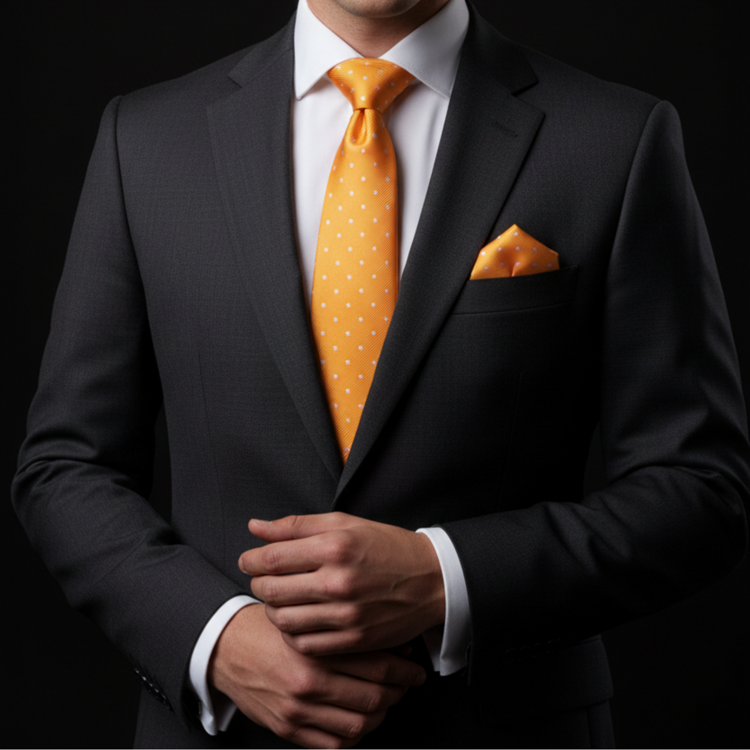 Man wearing a black suit with an orange tie and pocket square on a black background