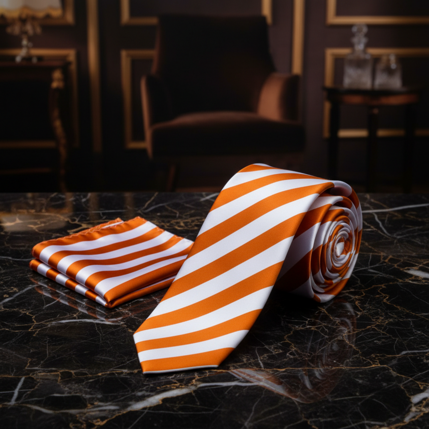 Alt View: A White, Orange Stripe Pattern Necktie, Pocket Square