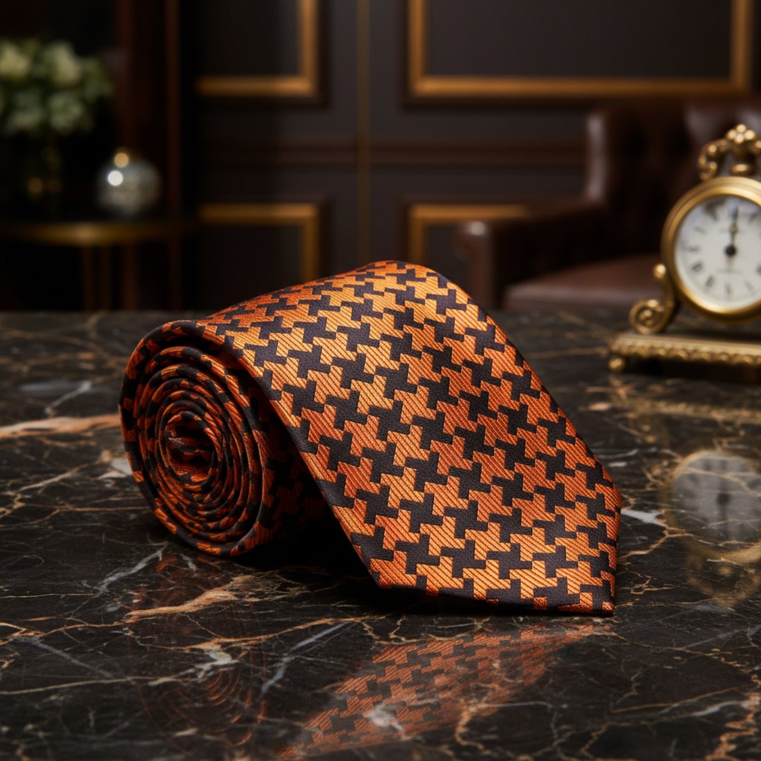 Orange, Yellow, Black Hounds Tooth Necktie Single