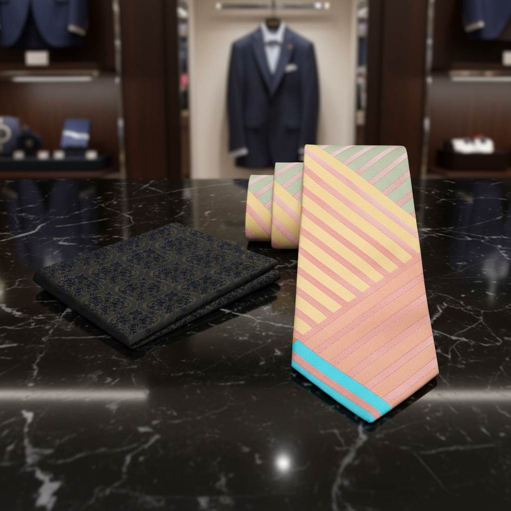 Alt orange, peach, blue abstract tie and accenting square
