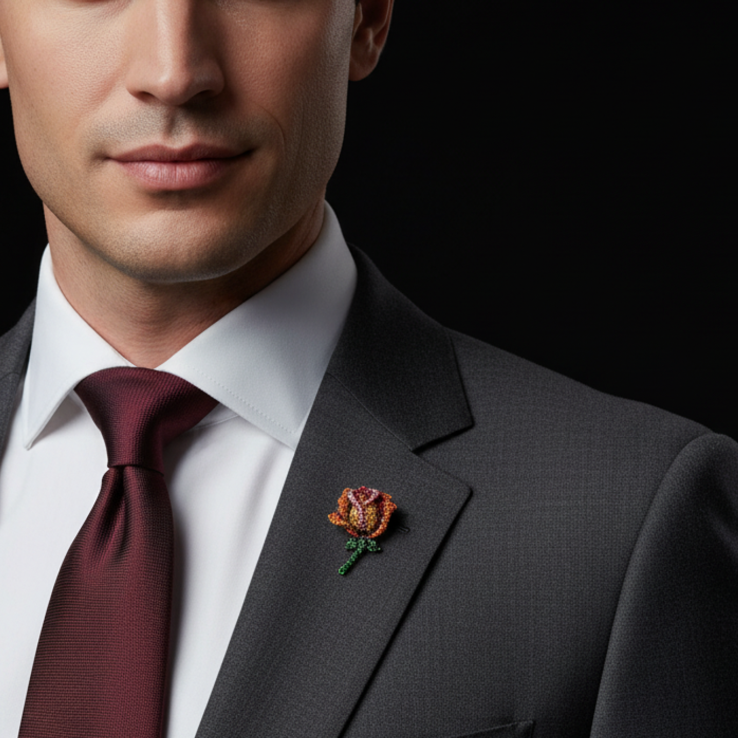 Man wearing a gray suit with a maroon tie and floral lapel pin on a black background