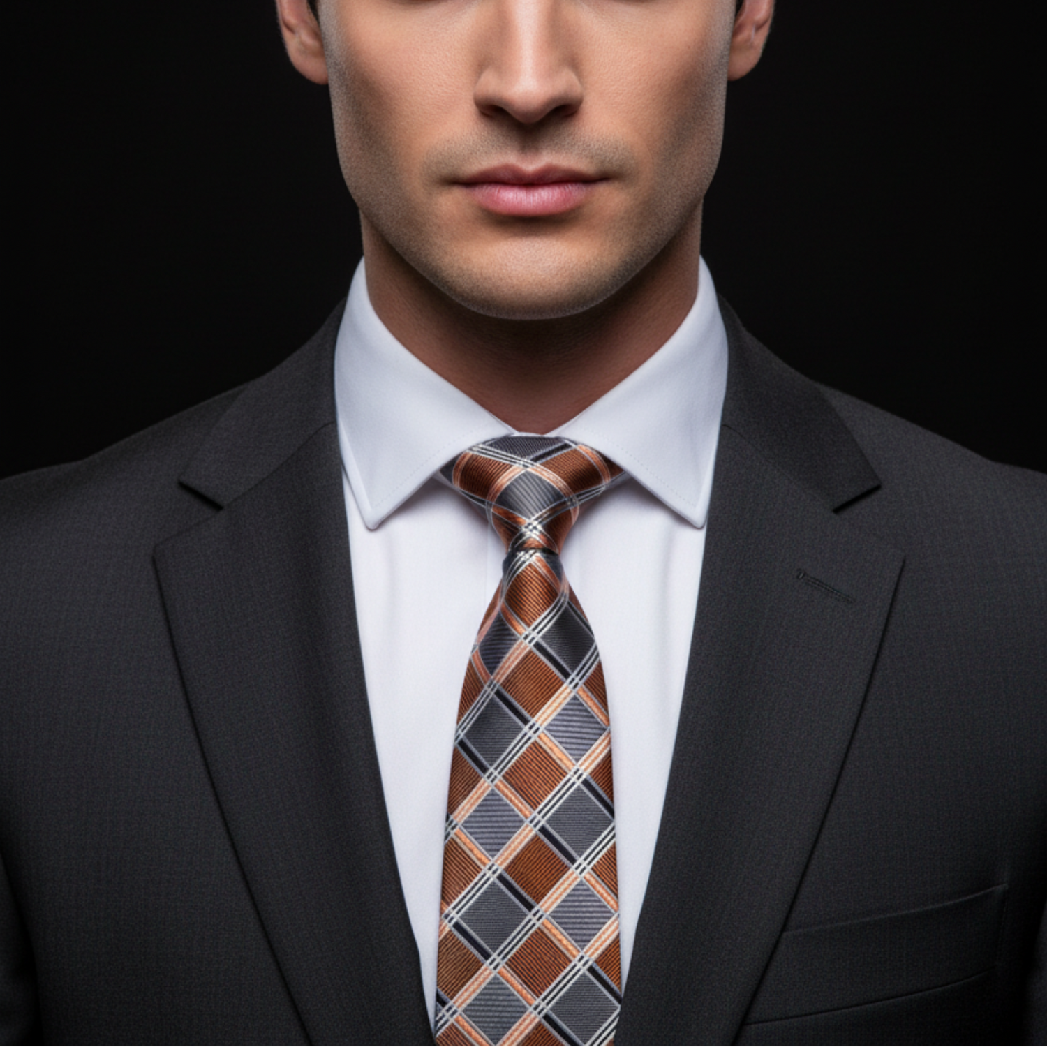 Grey and orange check tie on man
