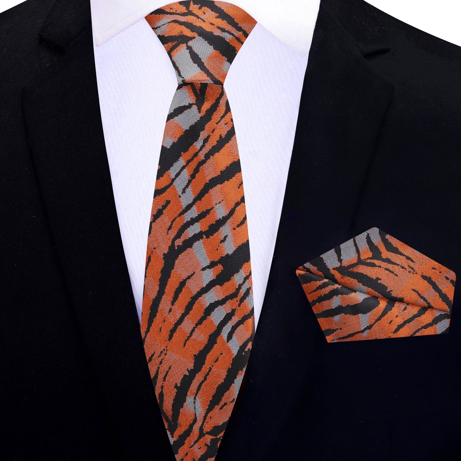 Orange, Grey & Black Tiger Print Necktie | Men’s Statement Dress Tie