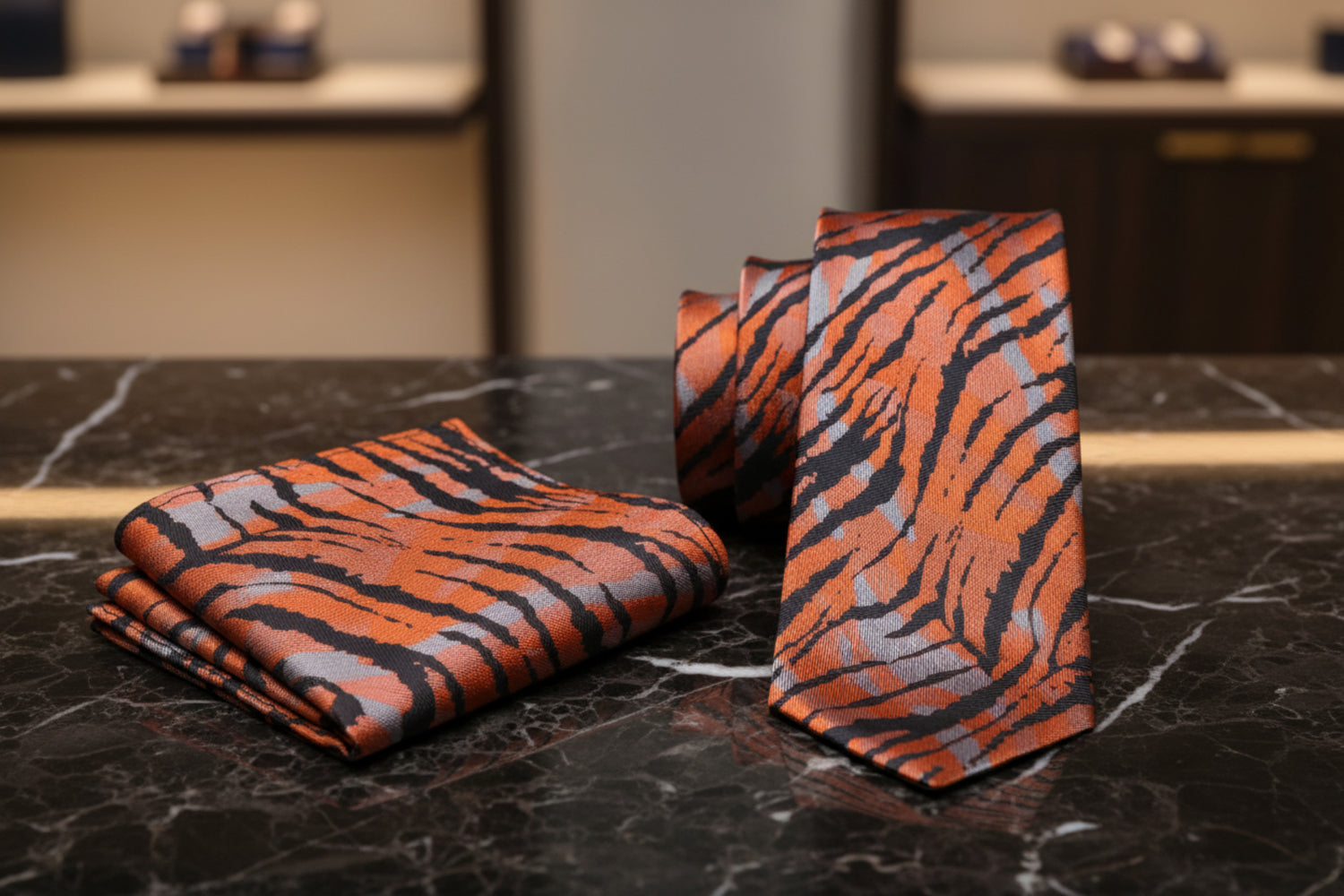 Orange and Black Tiger Tie and Square 2