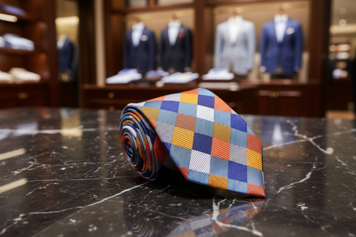 A Grey, Blue, Orange Geometric Diamond Pattern Necktie