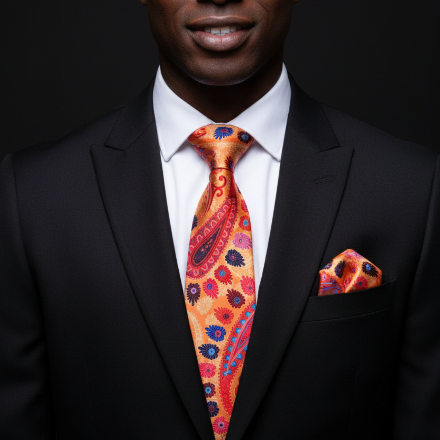 A Orange, Pink, Blue Color Abstract Paisley Tie, Pocket Square on man with suit