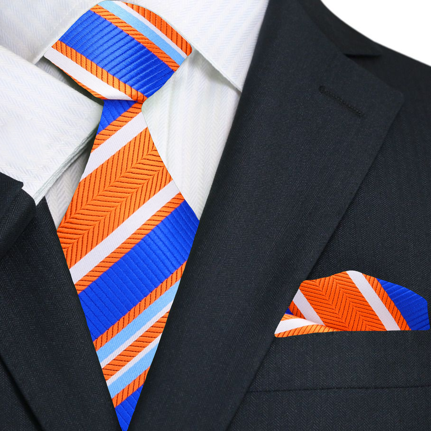 Premium A Orange, Blue, White Stripe Pattern Necktie, Matching Pocket Square