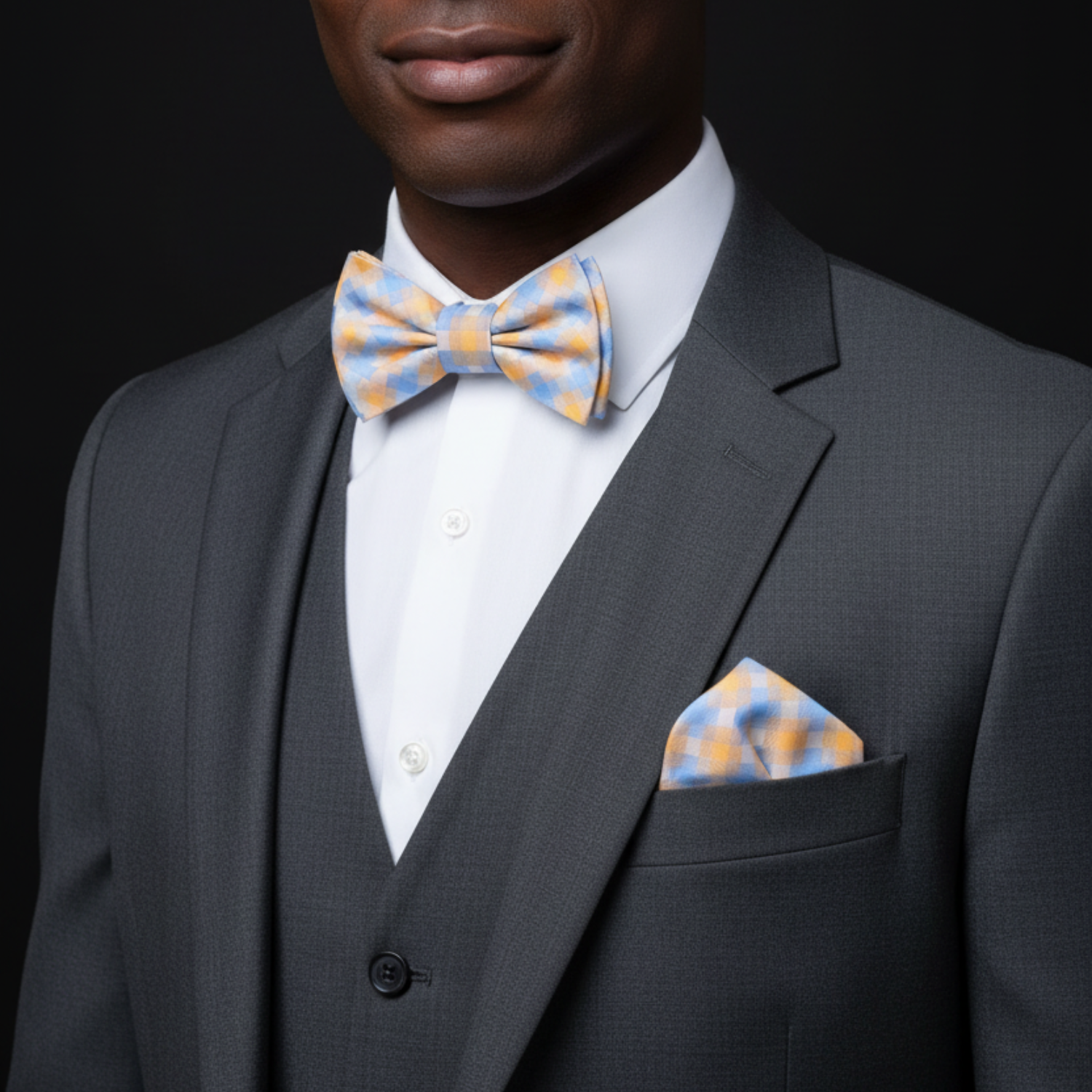 Man wearing a gray suit with a blue and yellow bow tie and pocket square against a black background