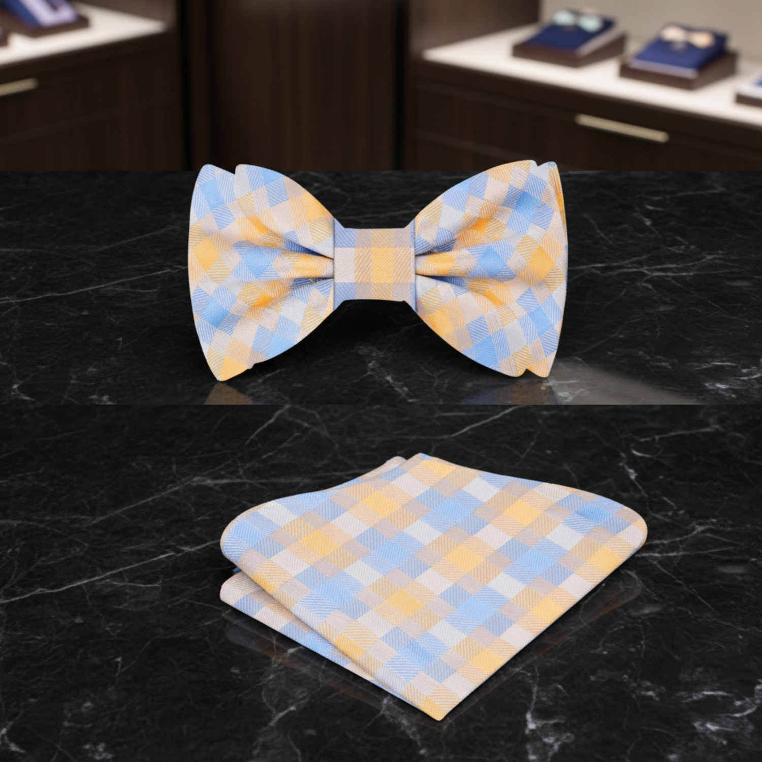 Orange and Blue High Class Affair Plaid Bow Tie and Square