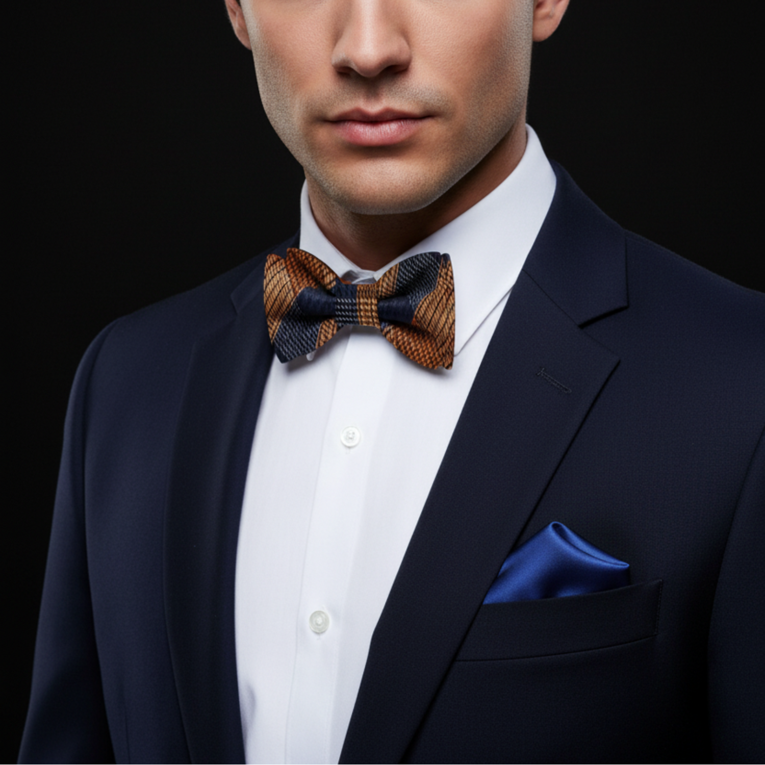 Orange and Blue Plaid Bow Tie and Blue Square on man