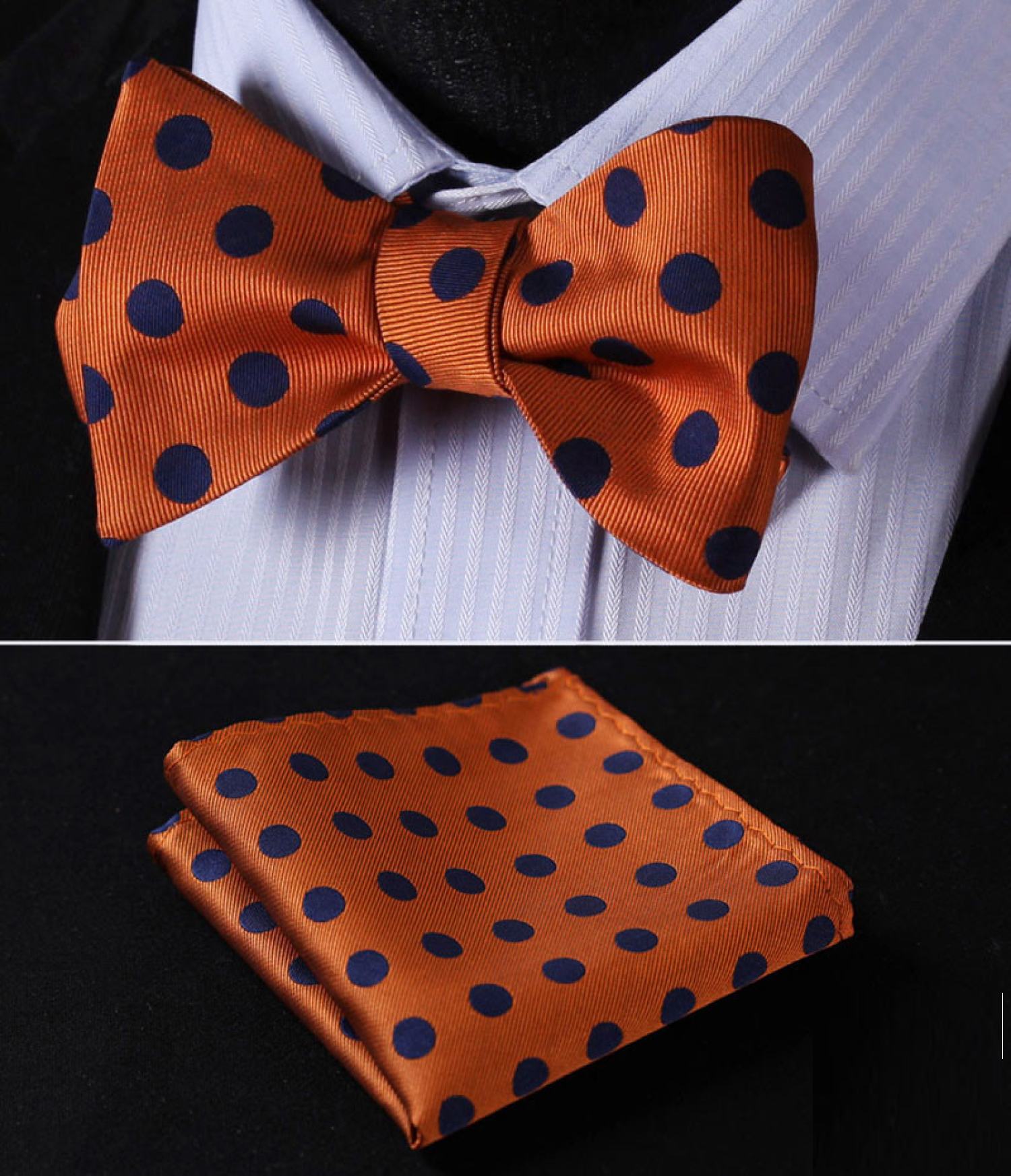 Main View: A Orange, Blue Polka Pattern Self Tie Bow Tie Bow Tie, Matching Pocket Square
