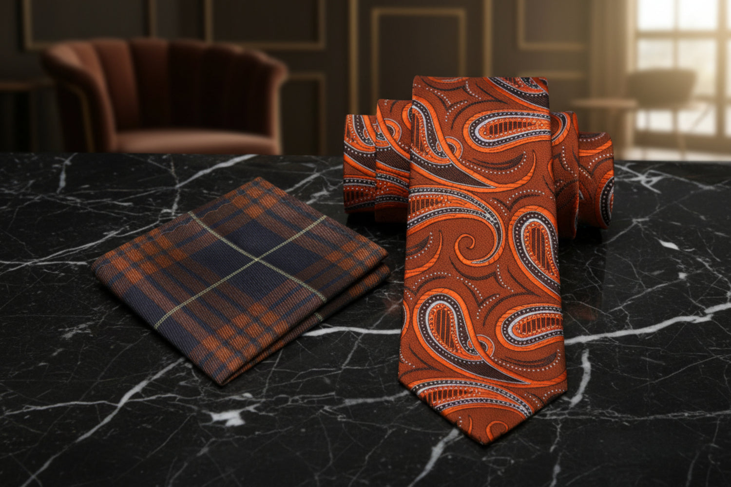 Alt View: Orange and Brown Paisley Necktie and Brown and Blue Plaid Square
