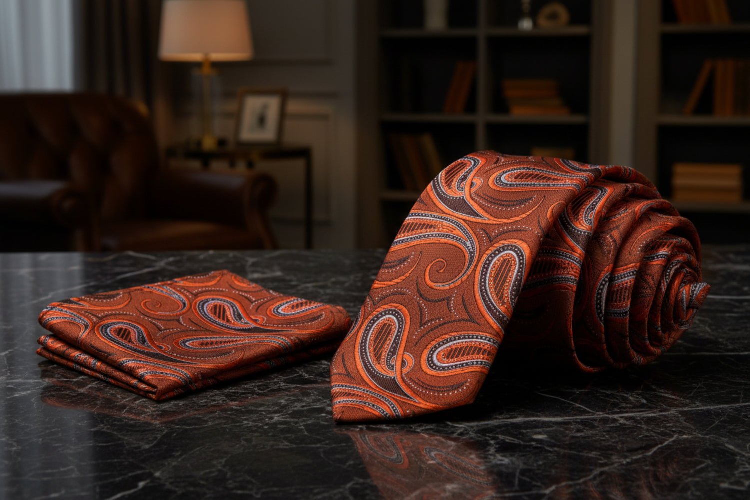 Alt View: Orange and Brown Paisley Necktie and Matching Square