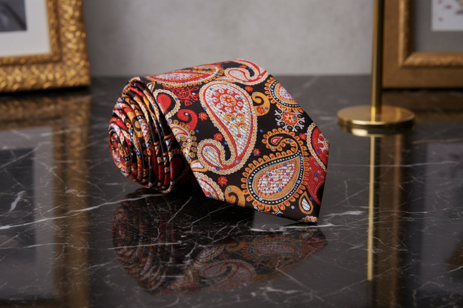A Orange, Grey Paisley Pattern Necktie 