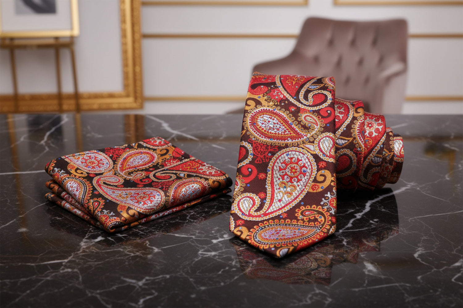 Alt View: A Orange, Grey Paisley Pattern Necktie, Matching Pocket Square
