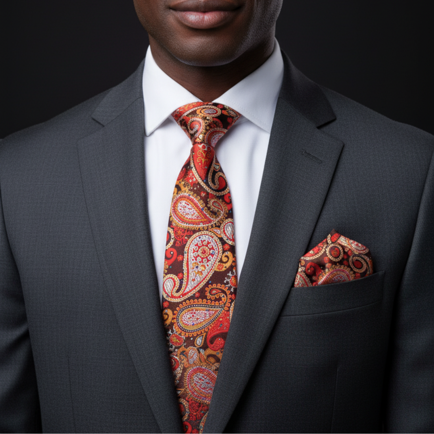 Man wearing a gray suit with a patterned red tie and pocket square on a black background