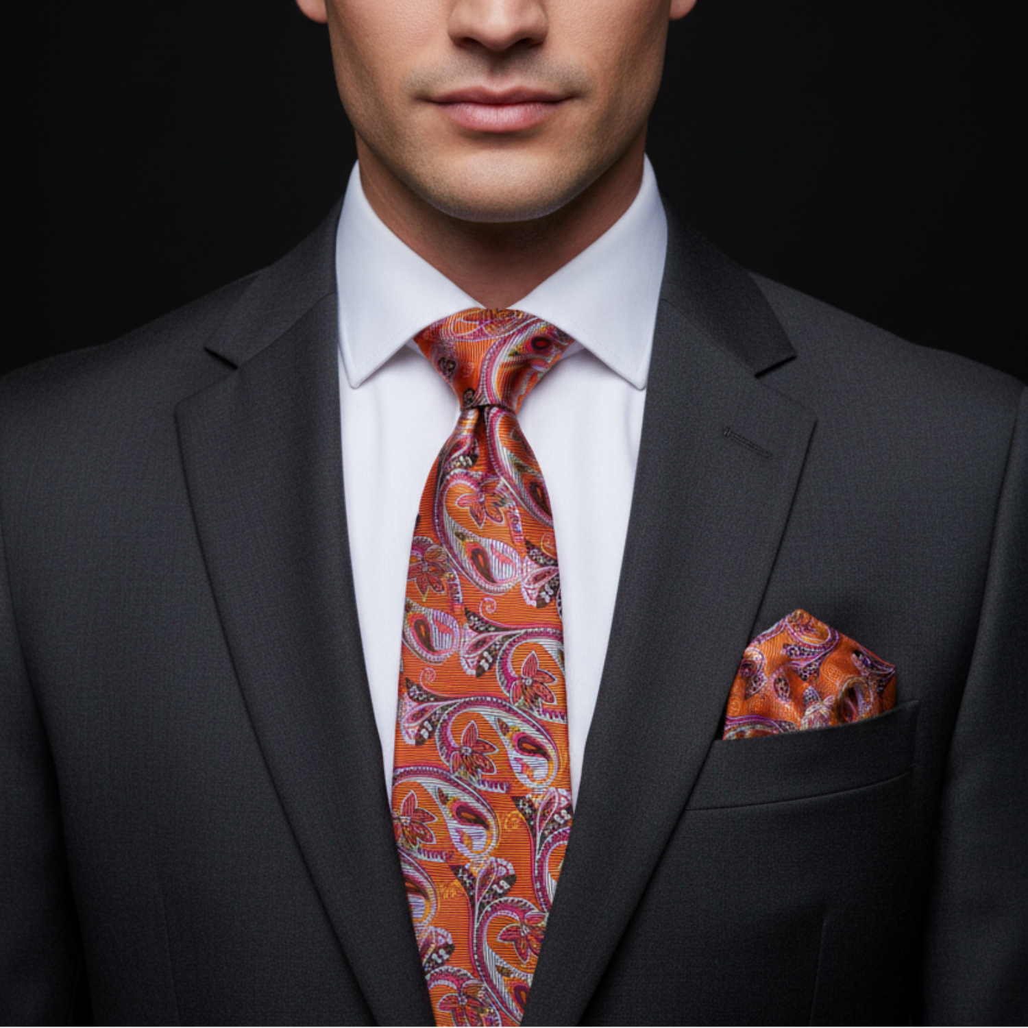 Man wearing a black suit with an orange paisley tie and pocket square against a dark background
