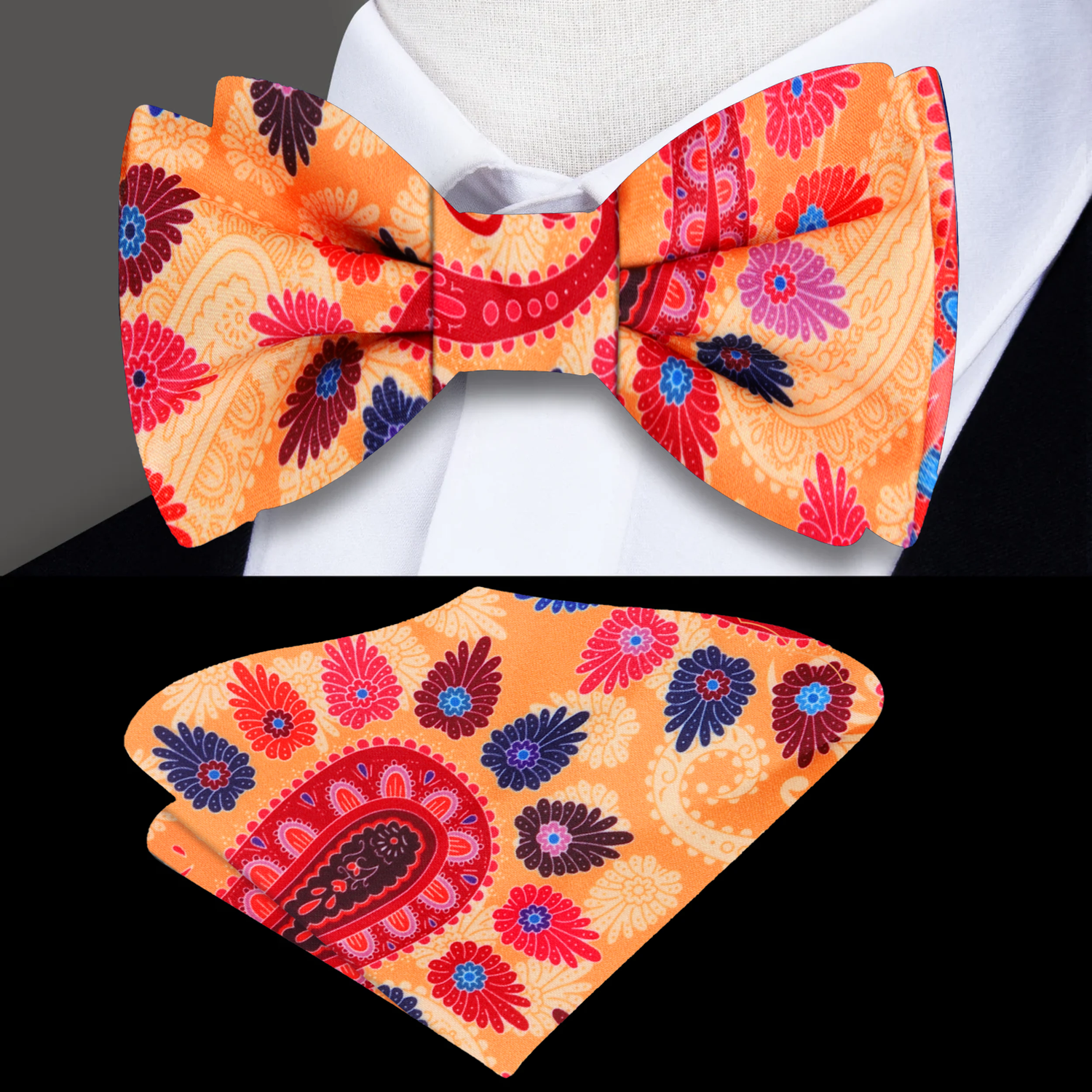 An Orange, Red, Blue, Purple, Pink Paisley Bow Tie, Pocket Square