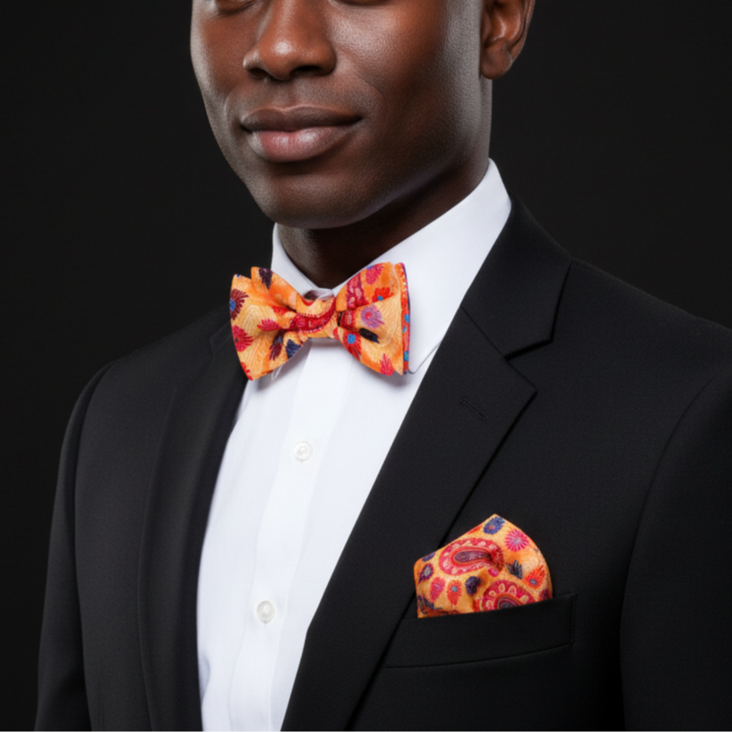 Orange Paisley Bow Tie and Square on Man