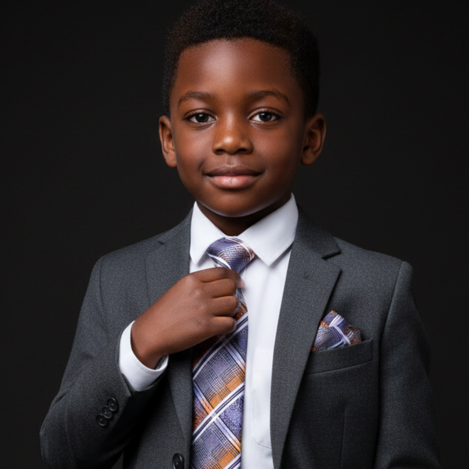 Young boy in a gray suit with a plaid tie against a black background