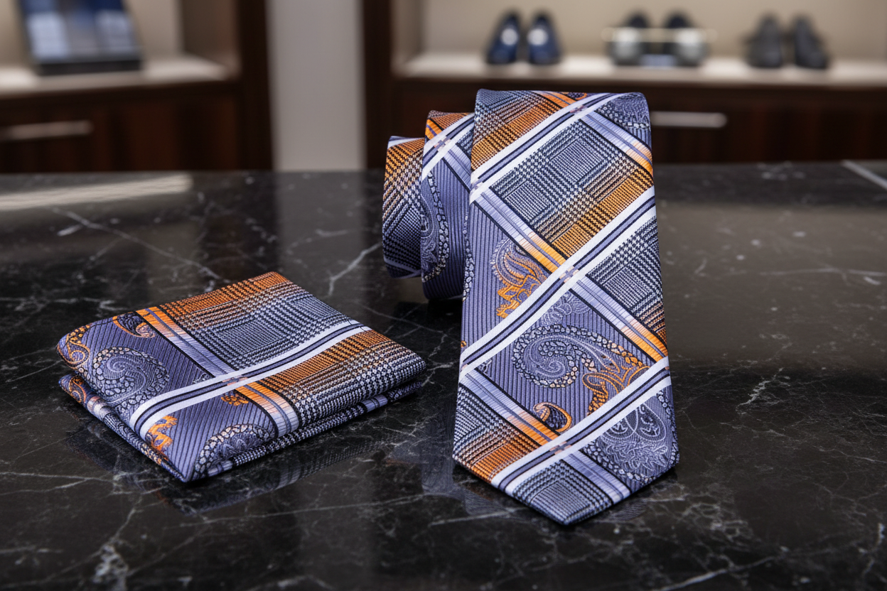 Two patterned ties on a dark marble surface with blurred background
