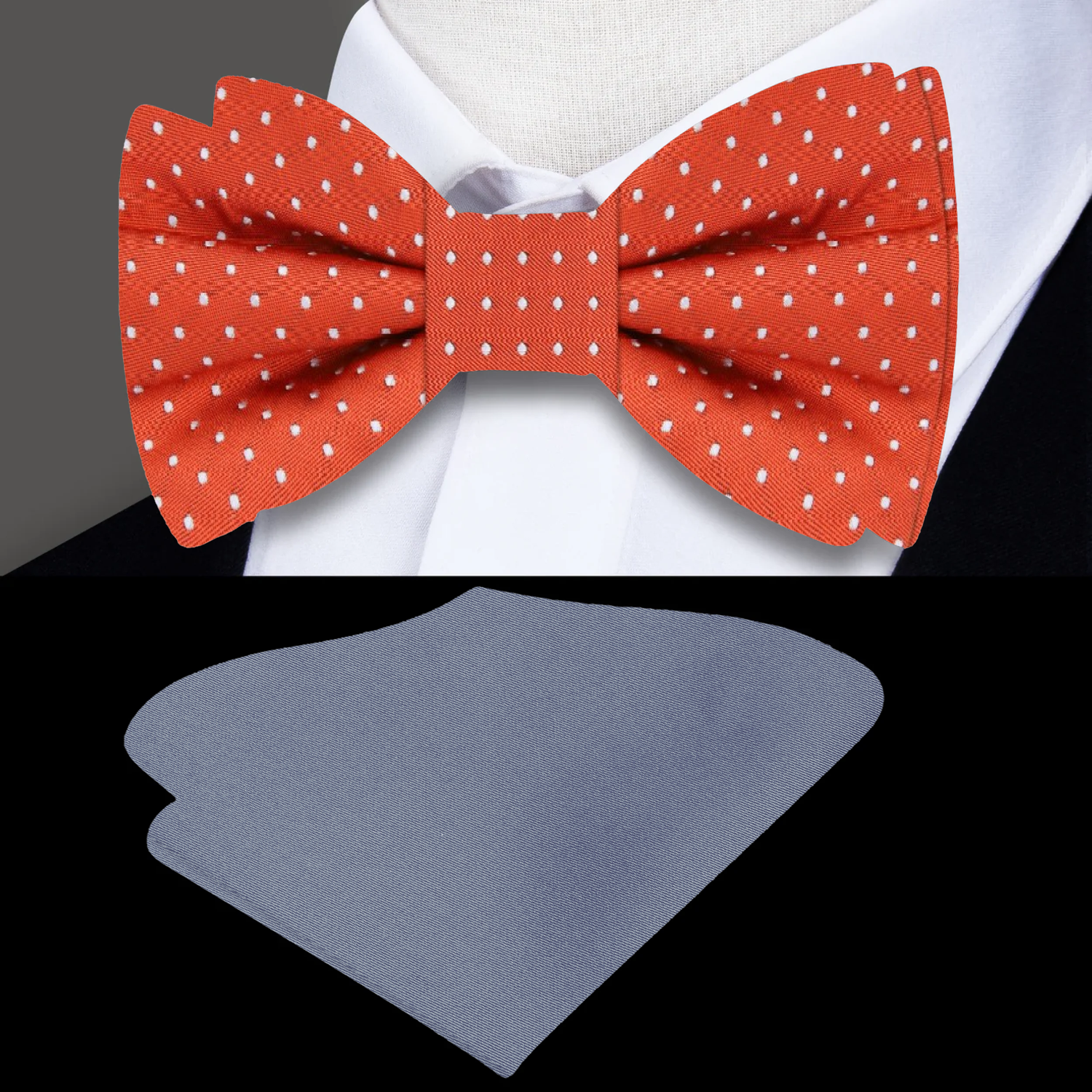 Reddish Orange with White Dots Bow Tie and Grey Square