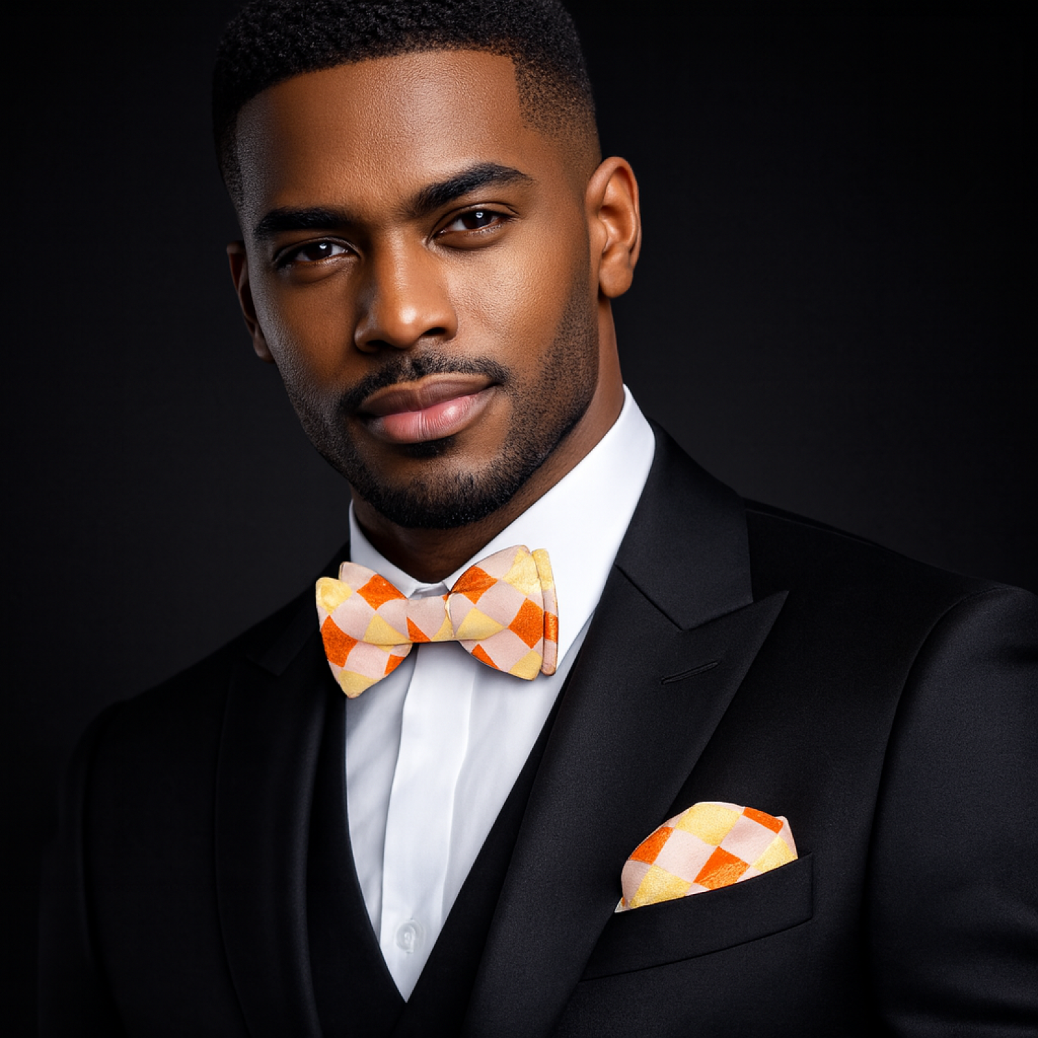 Man wearing a black suit with a colorful orange check bow tie and pocket square on a dark background