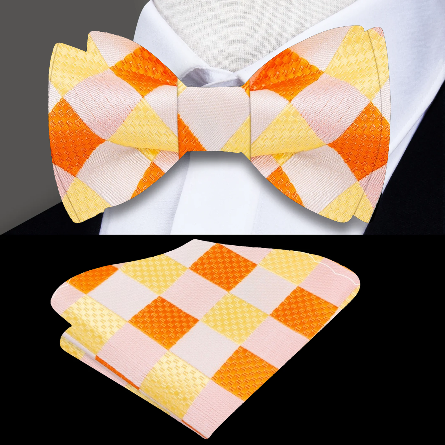 A Yellow, Orange Geometric Pattern Bow Tie, Matching Pocket Square