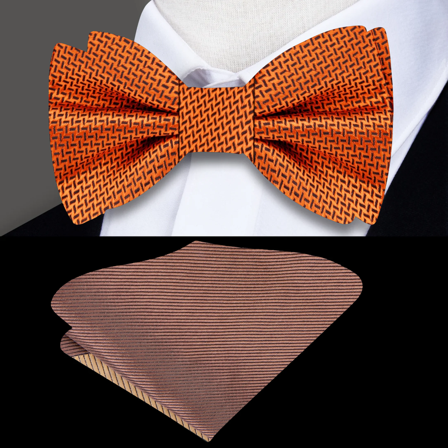 Orange Textured Bow Tie and Brown Pocket Square
