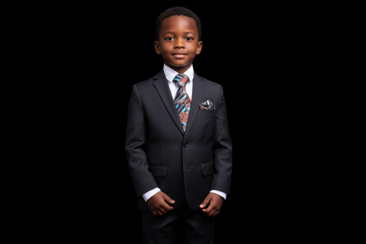 Young boy in a suit and tie against a black background