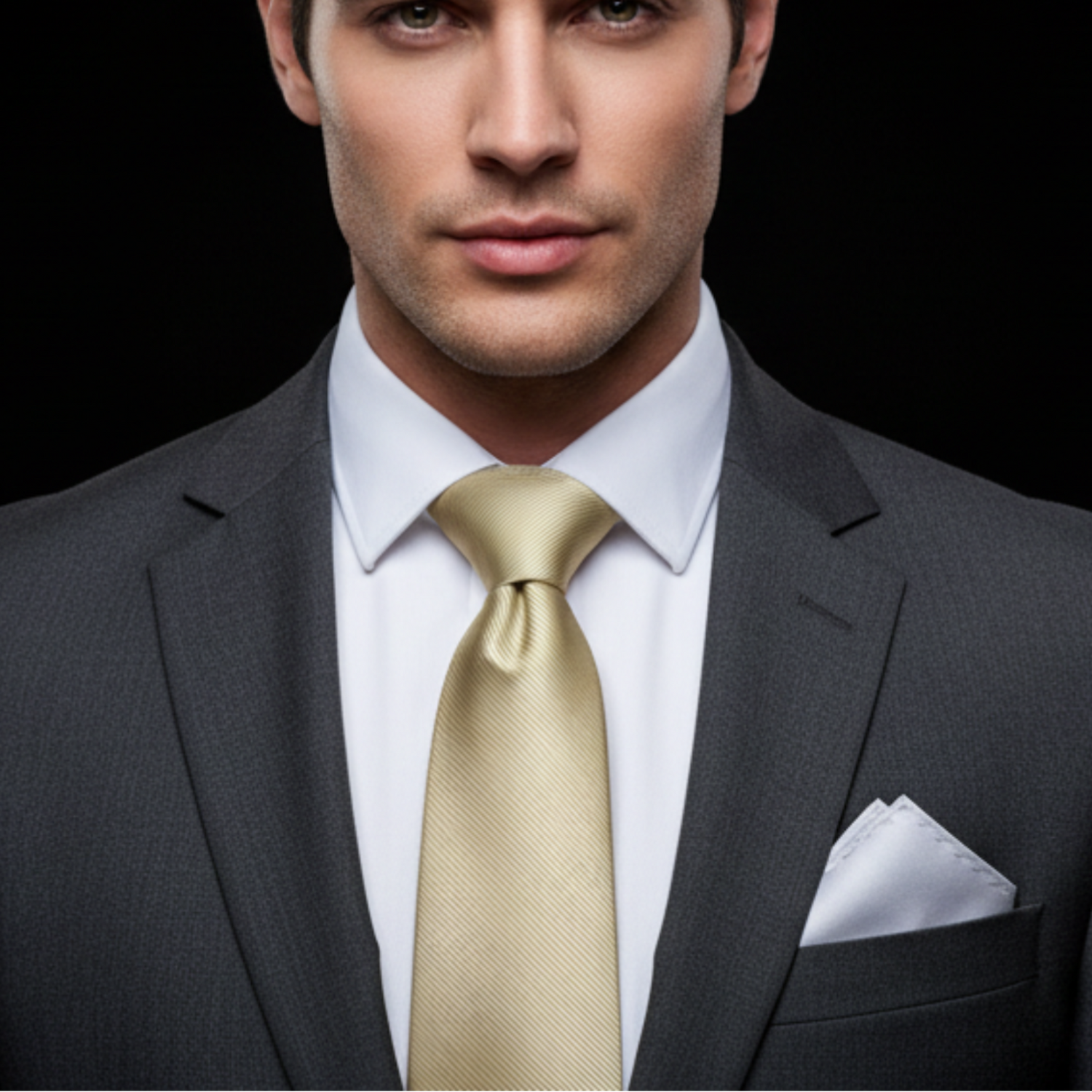 Man wearing a gray suit with a white shirt and gold tie against a black background