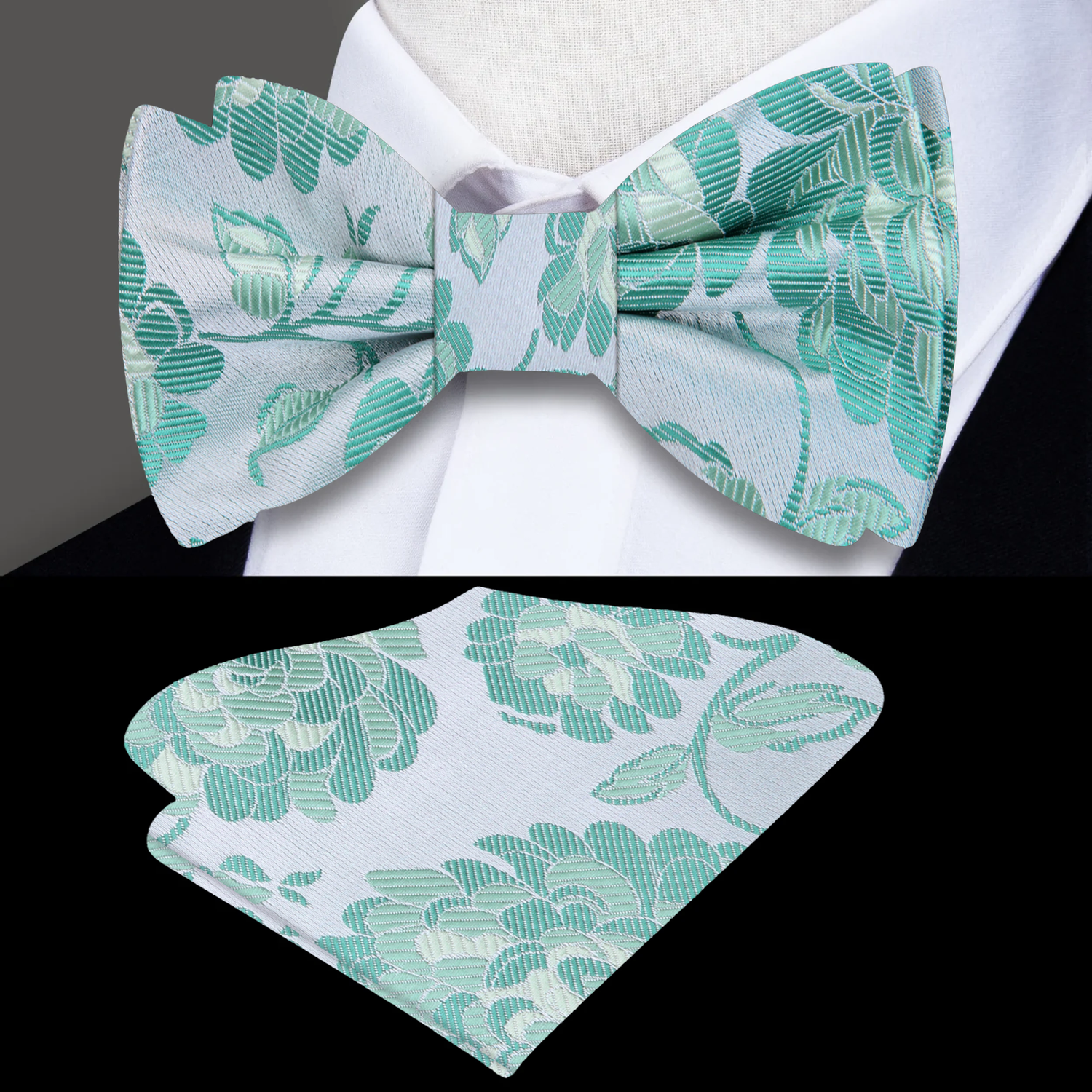 Pistachio, Seafoam Big Flowers Bow Tie and Pocket Square||Pistachio